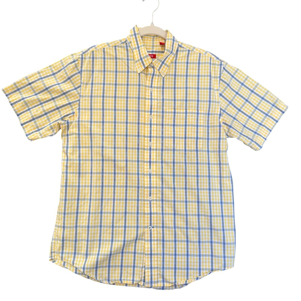 IZOD Mens Medium Yellow Blue Plaid Short Sleeve Button Down Shirt Cotton Blend